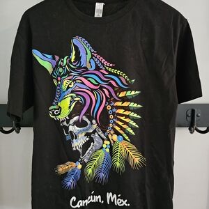 Black Graphic Tee with Colorful Wolf Design